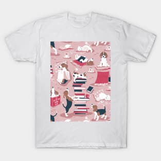 Life is better with books a hot drink and a friend // pattern // pink background brown white and blue beagles and cats and red cozy details T-Shirt